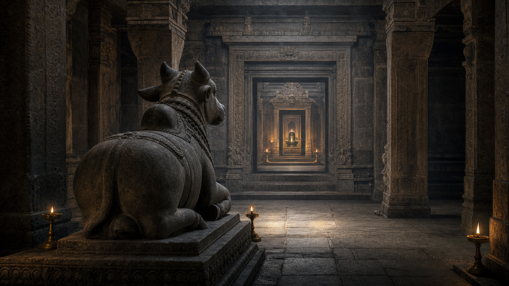 A seated stone Nandi faces a Shiva linga through the aligned doorways of a granite temple hall lit by oil lamps.