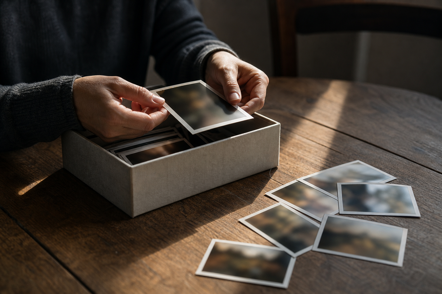 A person gently sorts blurred instant photographs into a shallow box as warm sunlight and cool shadow fall across the table.