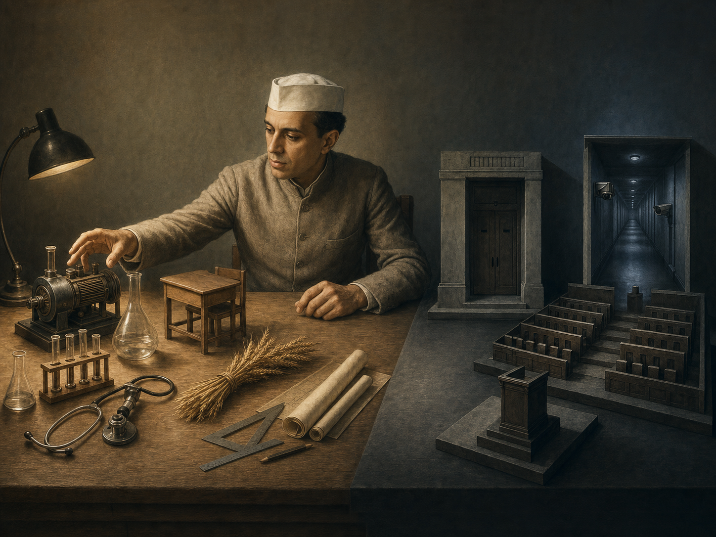 Nehru studies scientific, educational and planning instruments while a sealed door, rigid assembly chamber and solitary podium remain in shadow beside him.