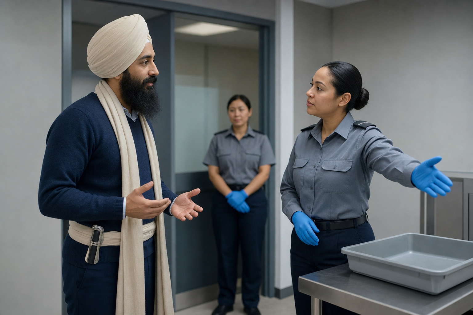 A Sikh visitor with a sheathed kirpan secured by a cloth strap speaks calmly with a security officer in a private screening room.