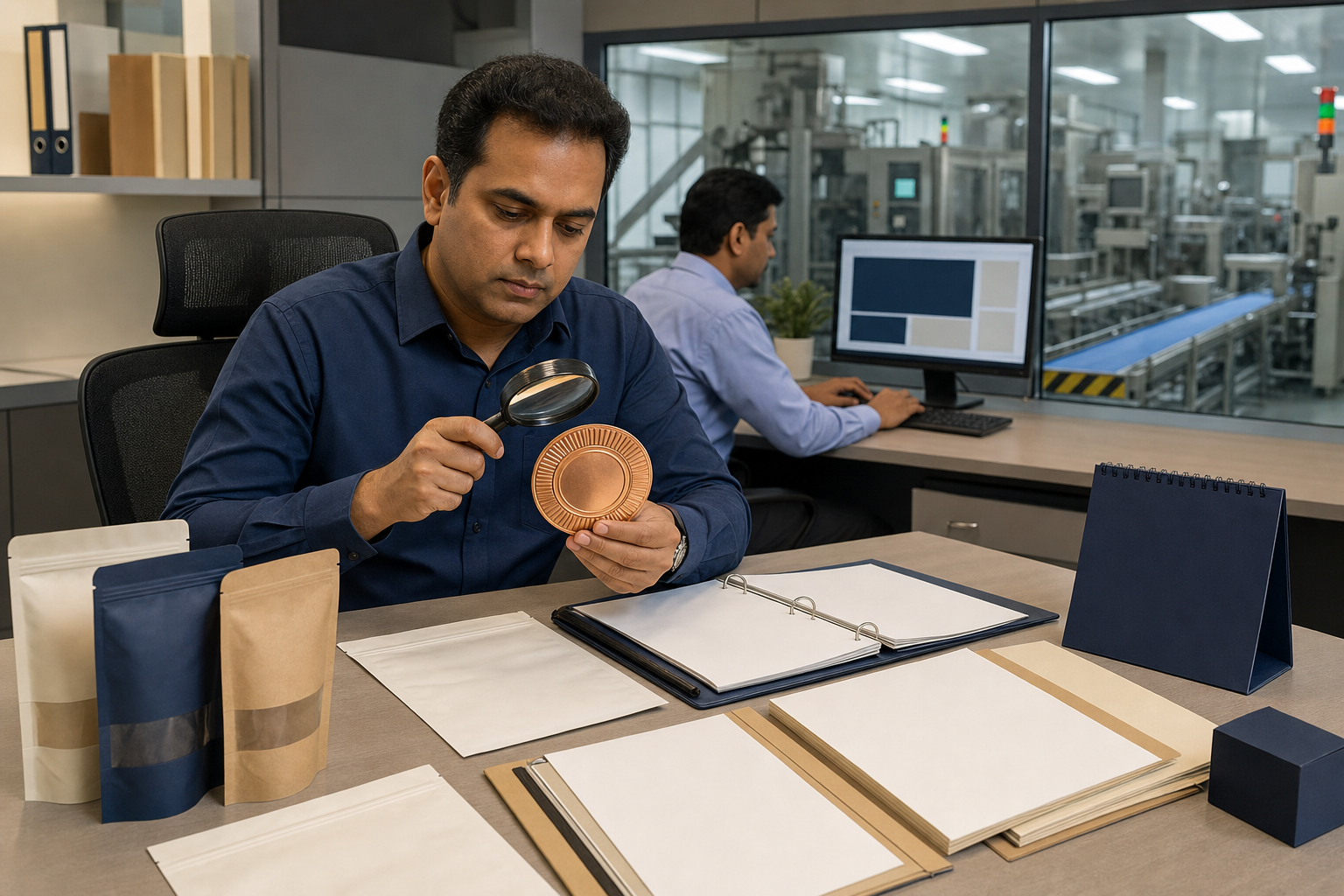 A compliance manager examines a generic embossed seal with a magnifying glass before plain food packages enter production.