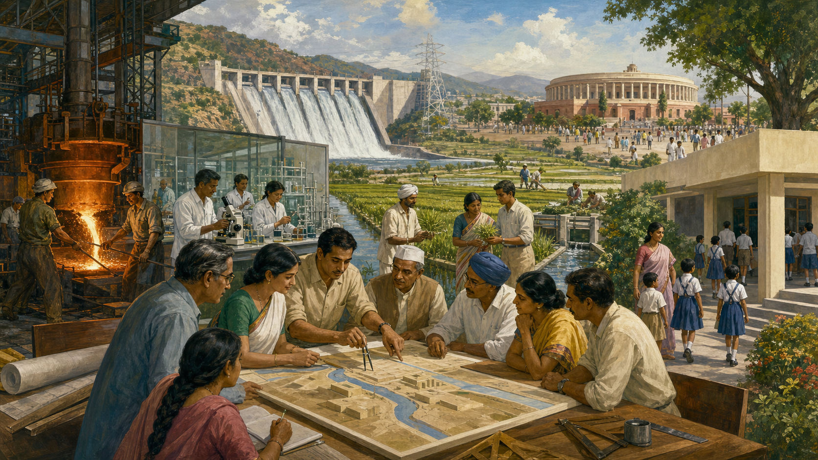 Indian engineers, scientists, steelworkers, farmers, planners and schoolchildren appear across a landscape with a dam, laboratory, factory, irrigated fields and civic architecture.