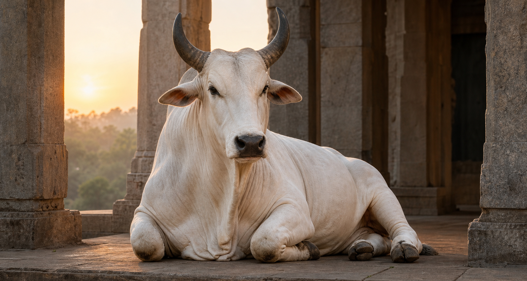 A muscular white zebu bull sits calmly on a stone platform in a quiet temple courtyard at dawn.