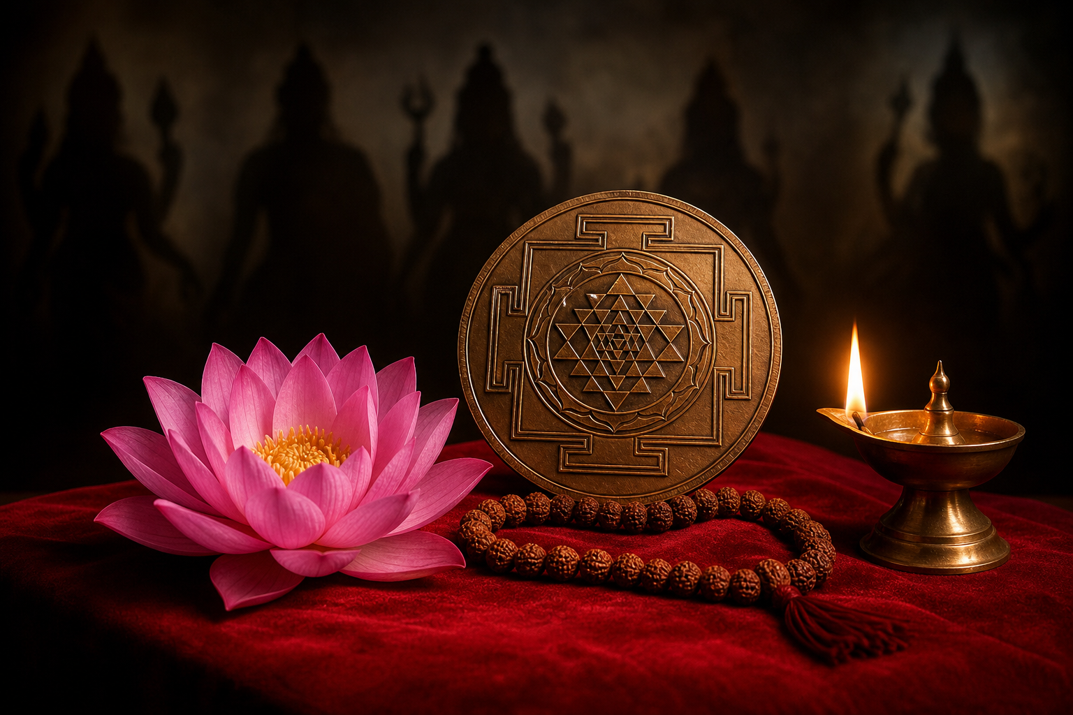 A pink lotus, copper Sri Chakra, prayer beads, and oil lamp are sharply lit in the foreground while indistinct sacred silhouettes fade into the dark background.