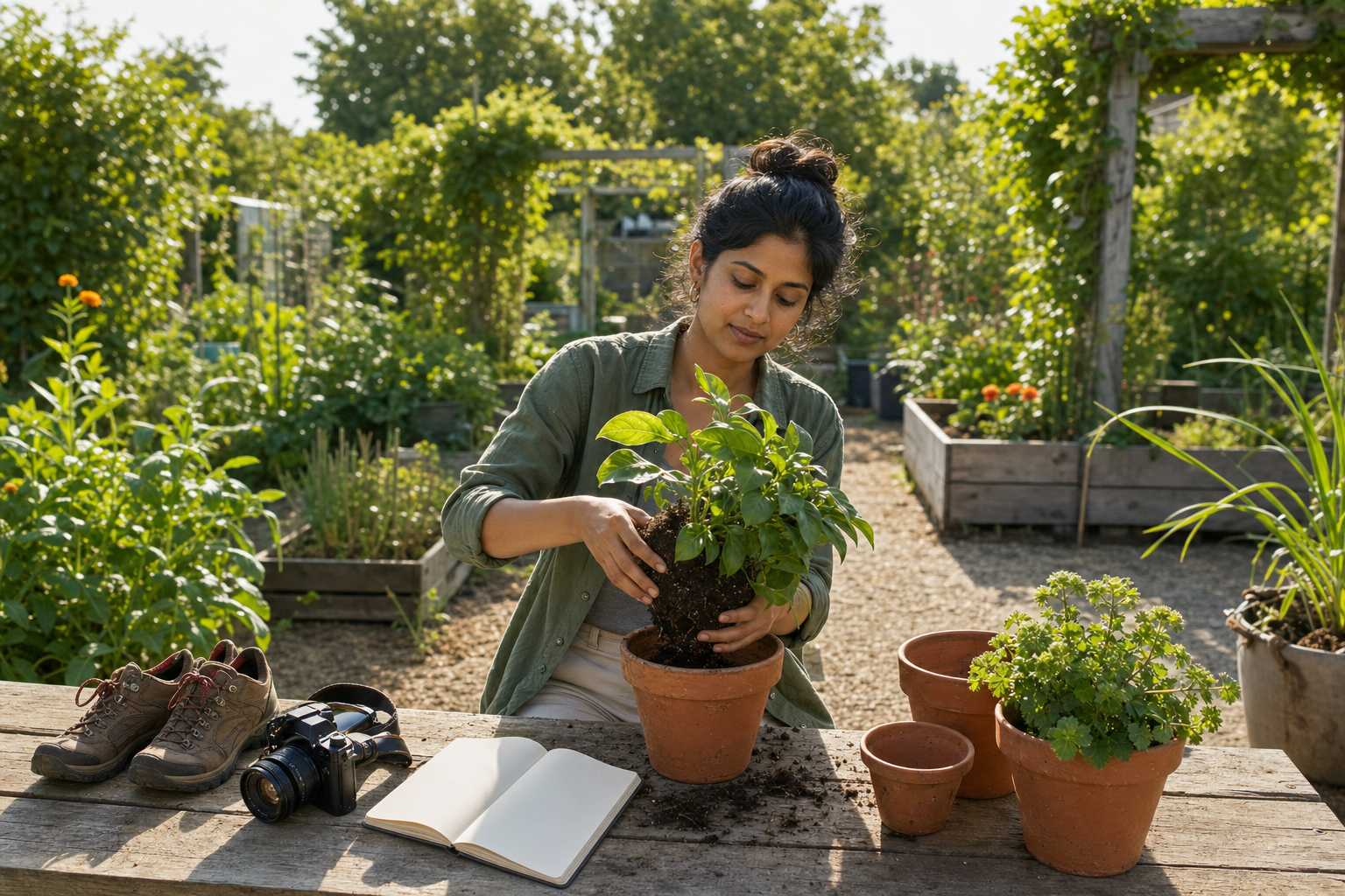 A person repots a green plant at a community garden bench beside a blank sketchbook, an unbranded camera, and hiking shoes.