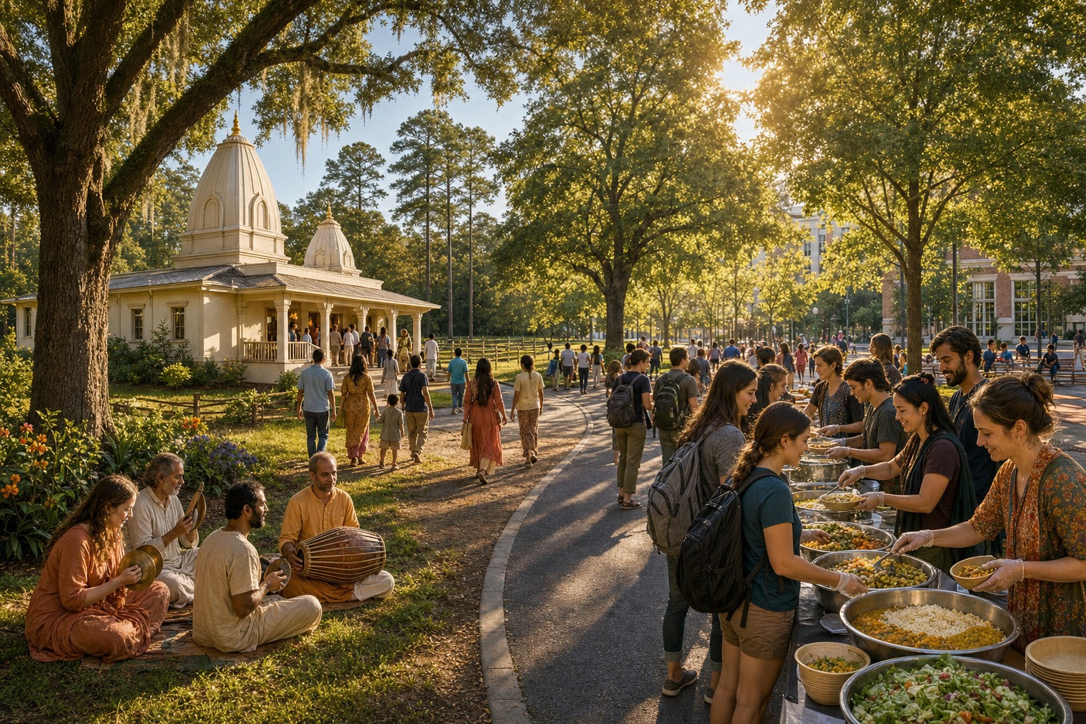 Editorial illustration connecting a rural Krishna temple community in Alachua with volunteers serving plant-based meals to students on a Gainesville campus.
