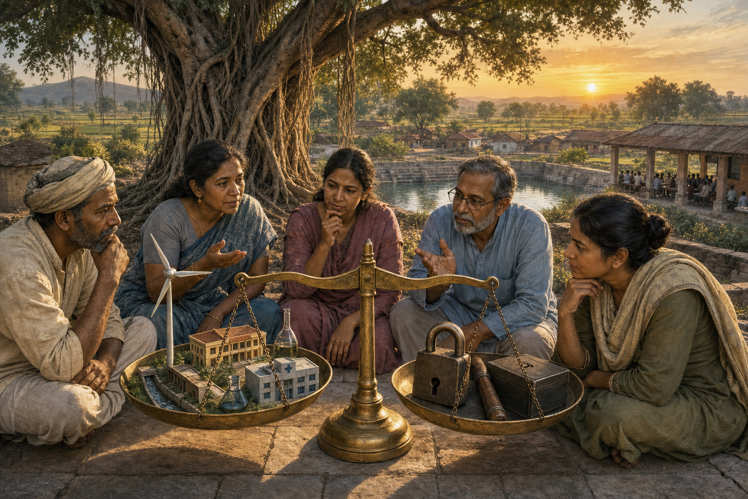 Indian citizens deliberate around a balance holding public-development models on one side and symbols of coercive control on the other beneath a banyan tree.