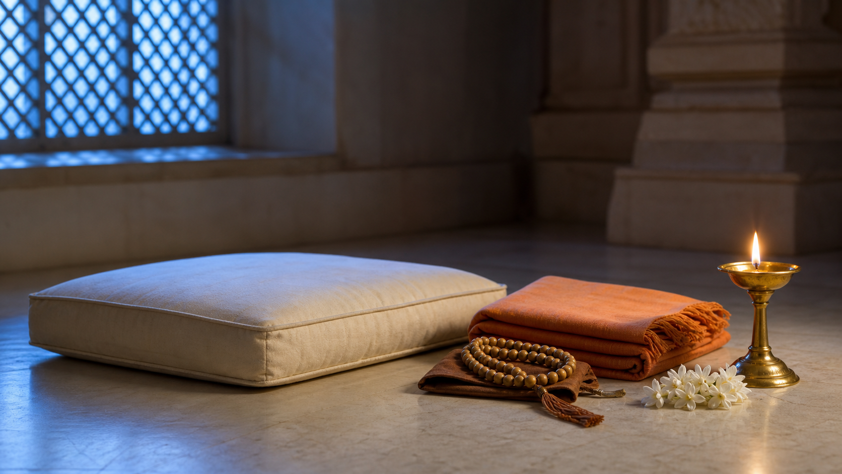 An empty floor cushion, folded saffron shawl, tulasi prayer beads, jasmine flowers, and a glowing brass lamp in a quiet temple room before dawn.