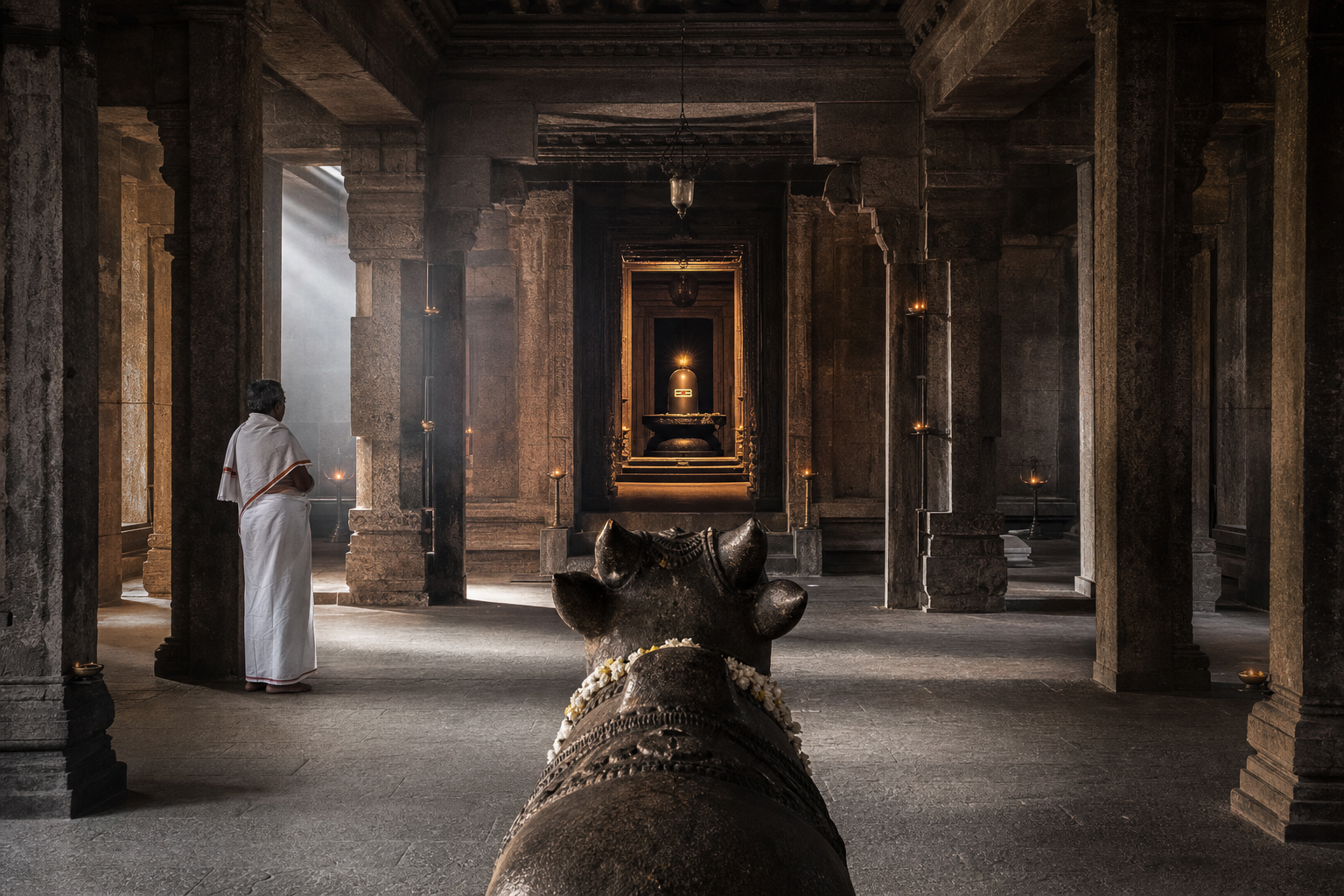 A stone Nandi and a Shiva linga are aligned along the central axis of a pillared temple, with a devotee standing to one side.
