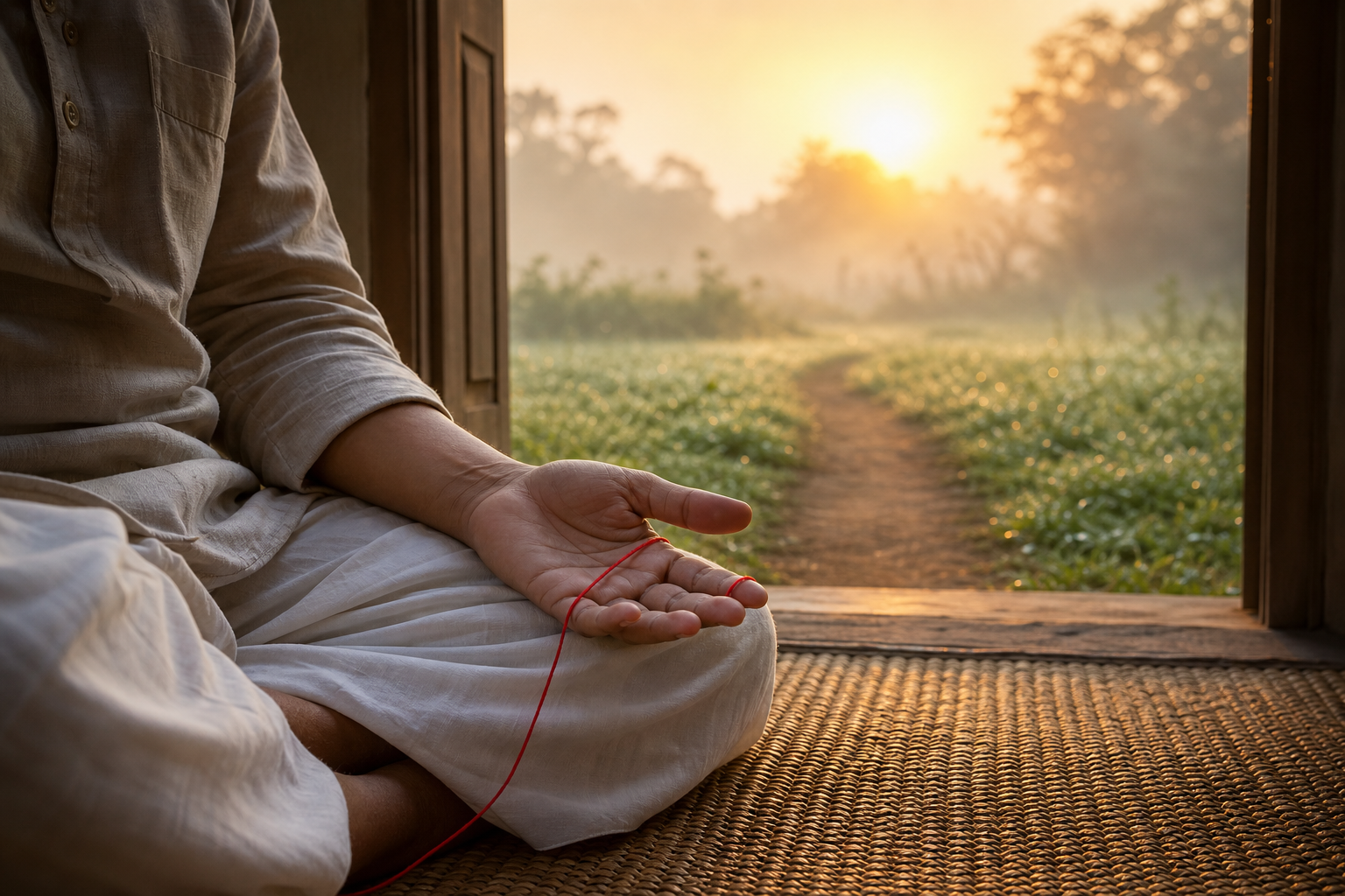 A seated person holds one hand open with a loose red thread across the fingers as a sunrise-lit path extends beyond the doorway.