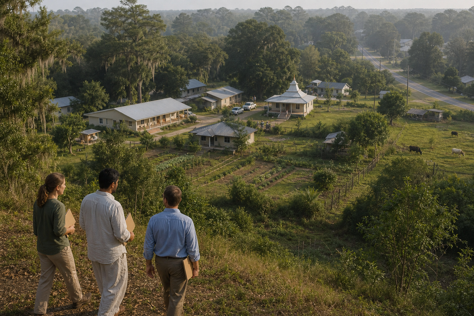A rural devotional campus with a temple, community buildings, gardens, pasture, and wooded buffers as three people inspect the property edge.