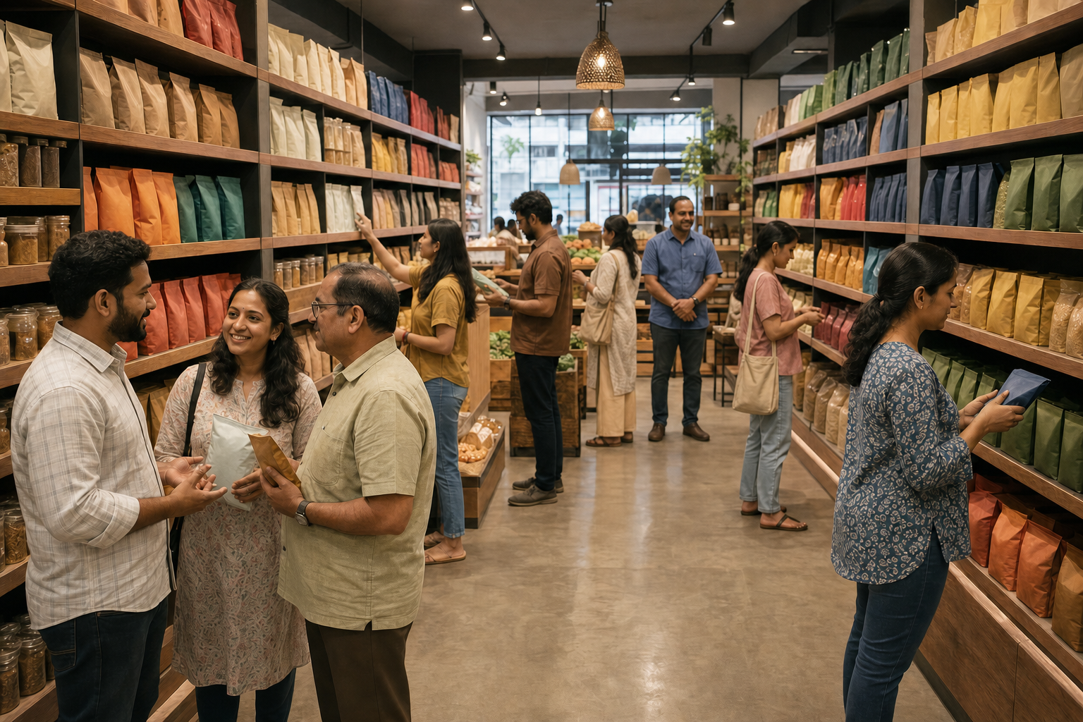 Diverse shoppers choose among separate rows of unbranded food packages while a store manager and producer assist buyers.