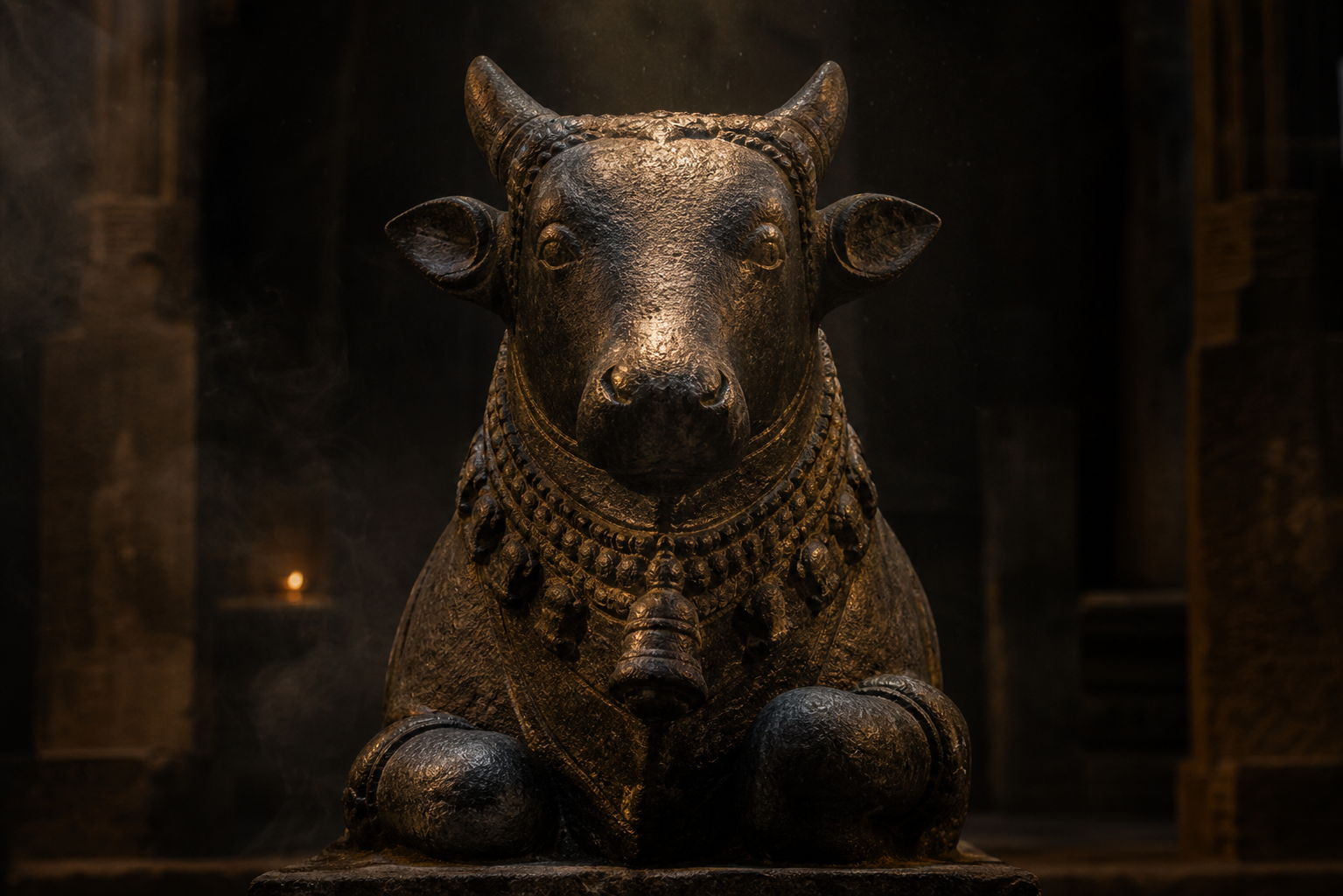 A serene black-granite Nandi sculpture sits motionless in a dark temple hall as a beam of light falls across its face and folded legs.