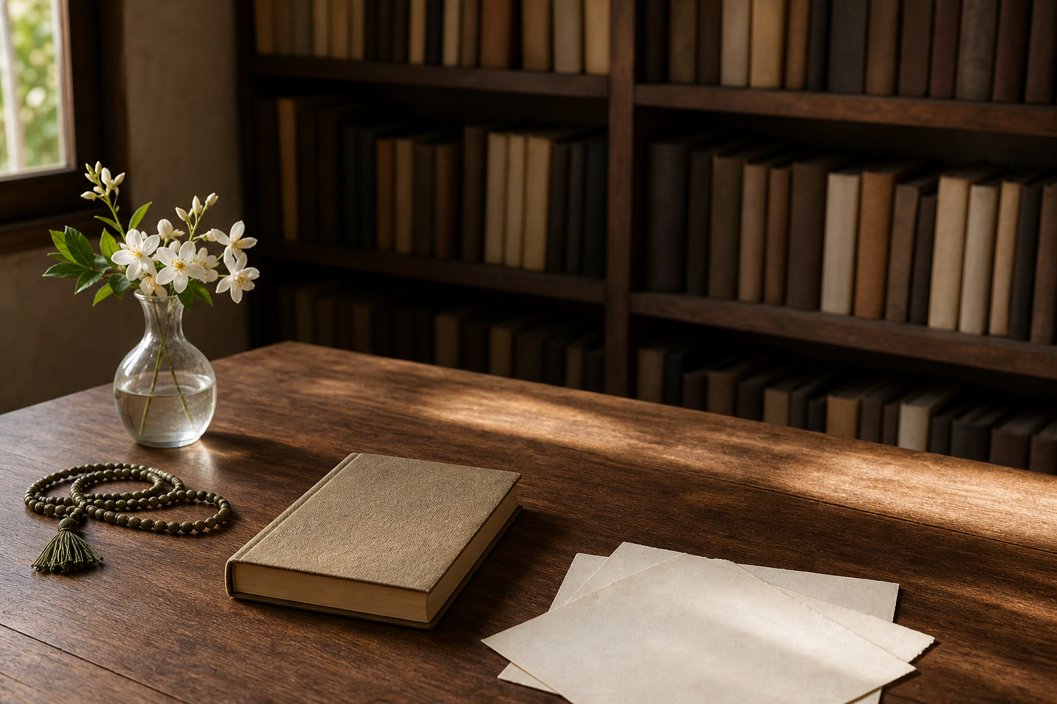 A closed clothbound journal, blank archival pages, tulasi prayer beads, and white flowers rest on a wooden desk in a quiet library.