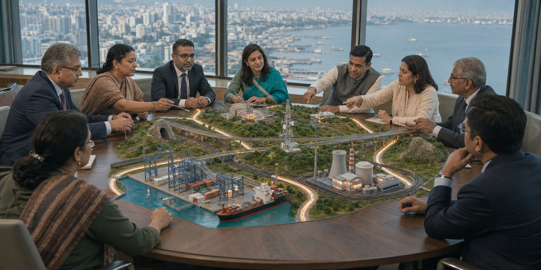 Fictional South Asian diplomats and advisers compare infrastructure models around a negotiating table overlooking a coastal city.