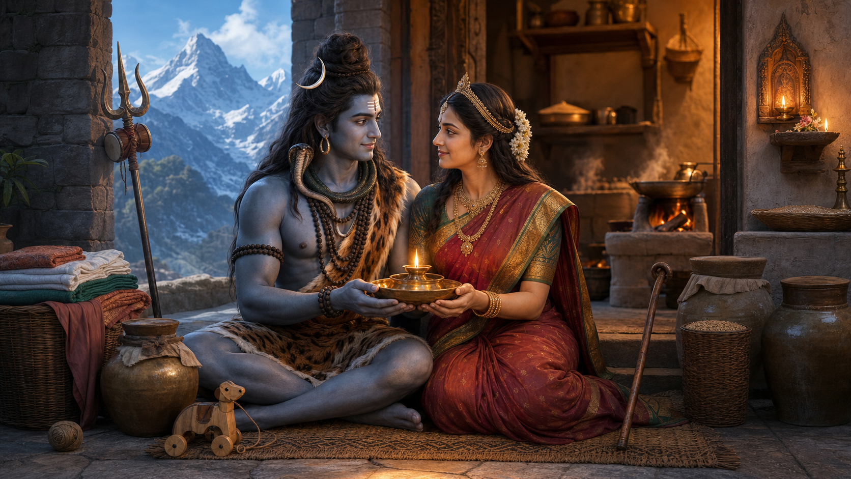 Shiva and Parvati sit together holding an oil lamp between a Himalayan sanctuary and a household courtyard containing objects associated with family duties.