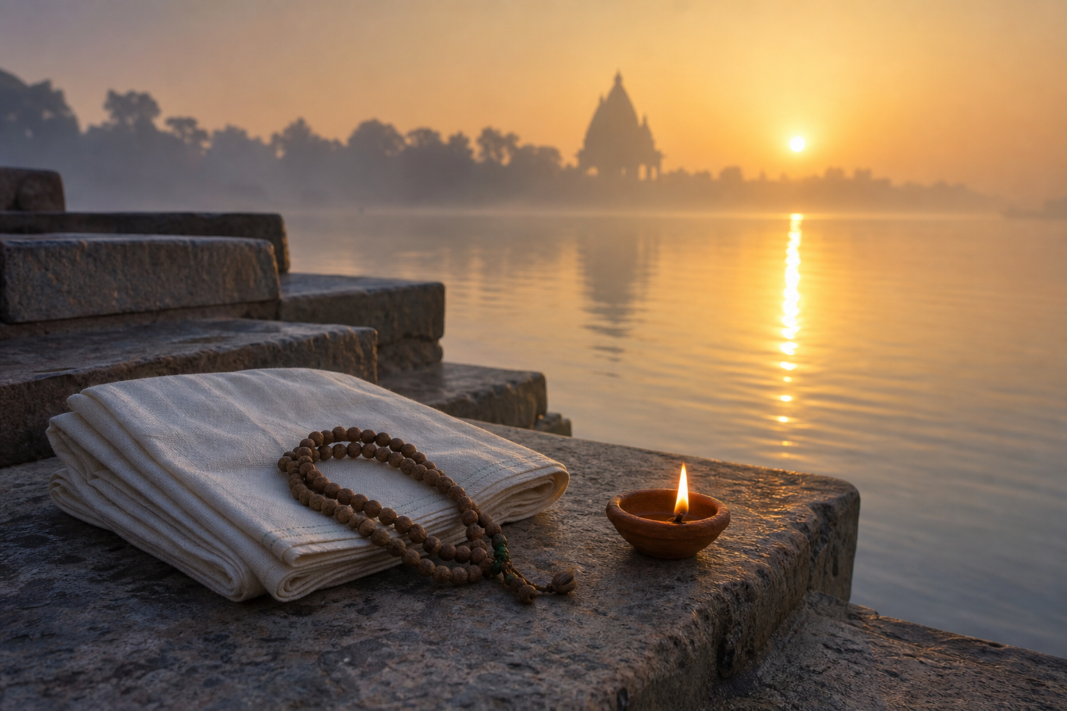 Folded cotton cloth, tulasi prayer beads, and a glowing clay lamp lie beside a calm river at sunrise, with a distant temple silhouette beyond the water.