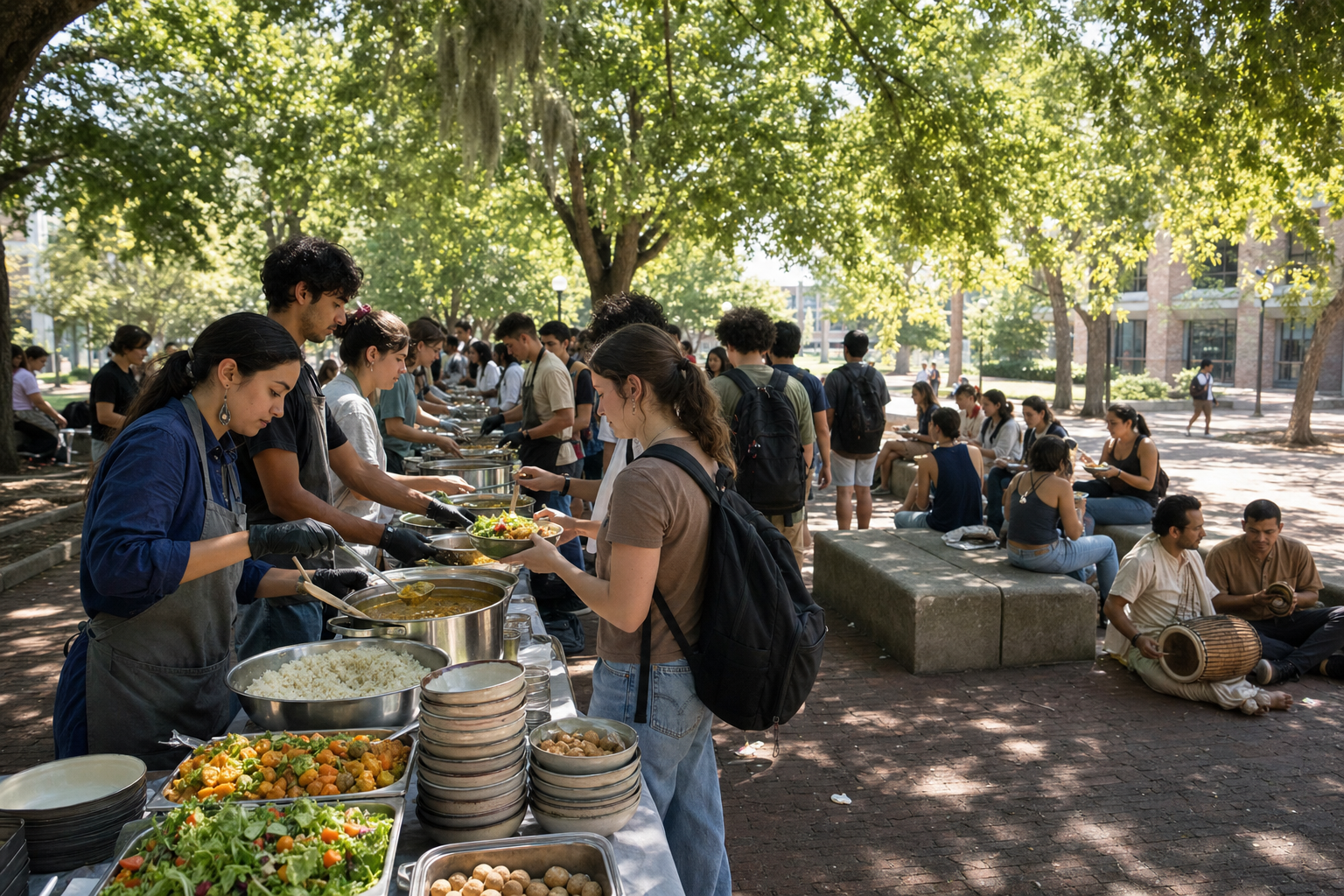 Volunteers serve rice, lentils, vegetables, and salad to a line of students in a tree-shaded university plaza while two musicians play nearby.