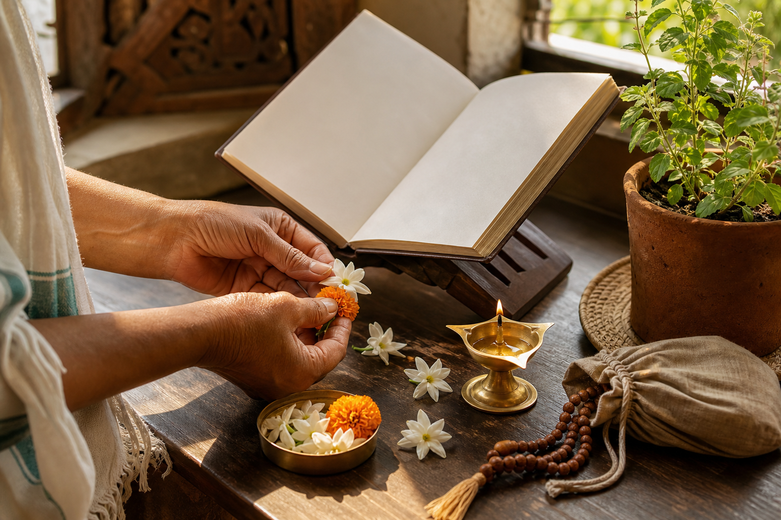 A devotee's hands place jasmine and marigold flowers beside a brass lamp, prayer beads, an unmarked scripture stand, and a tulasi plant.