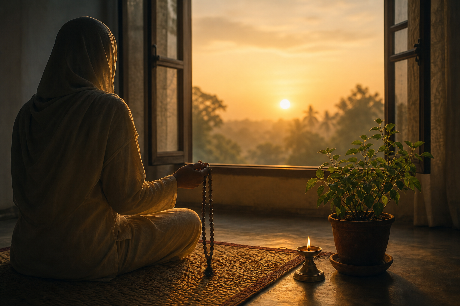 An anonymous devotee sits on a woven mat chanting with tulasi beads beside a lamp and tulasi plant as sunrise light enters the room.