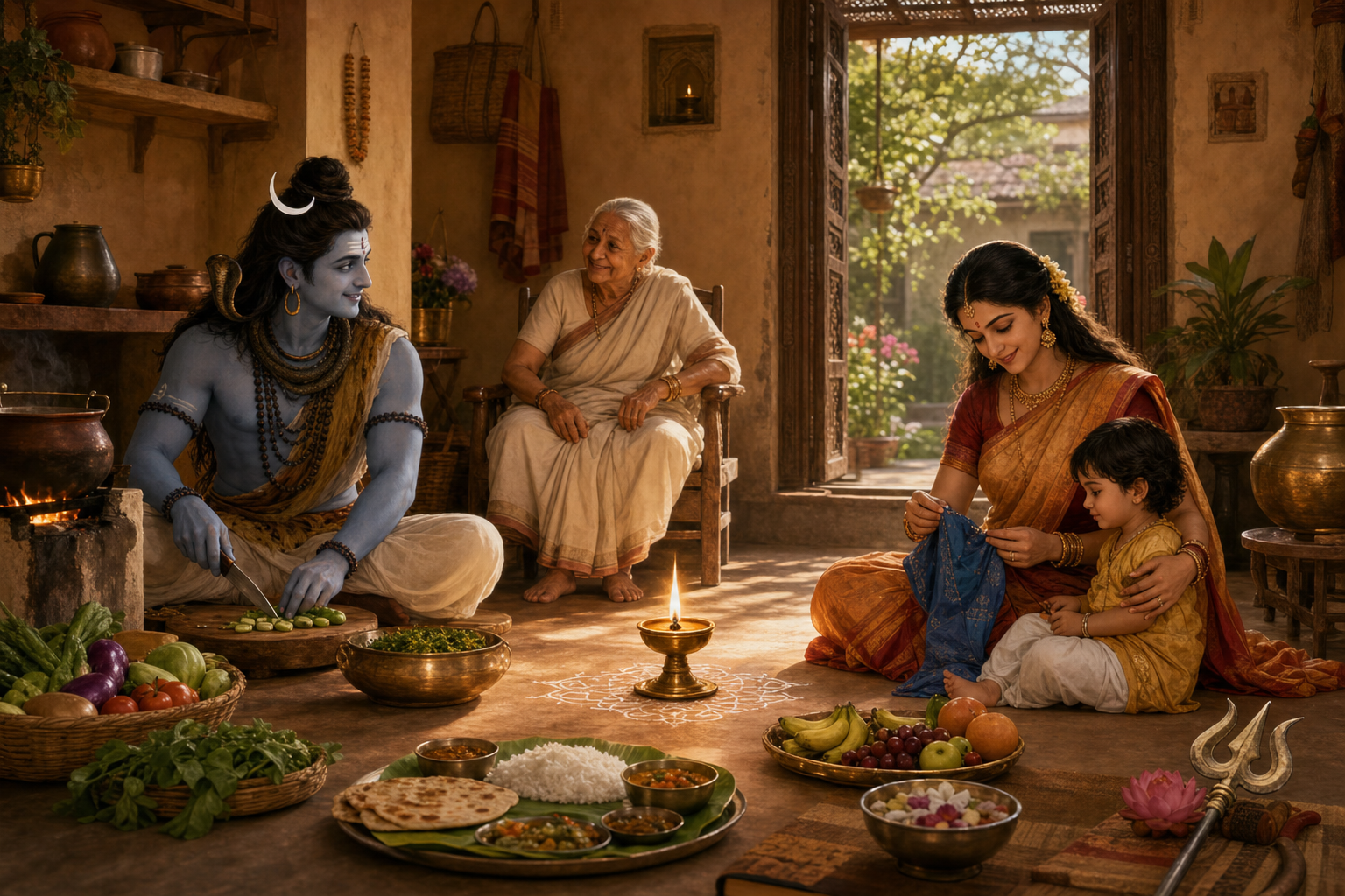 Shiva prepares food while Parvati mends a garment in a courtyard home shared with a child and an elderly family member, with a small lamp at the center.
