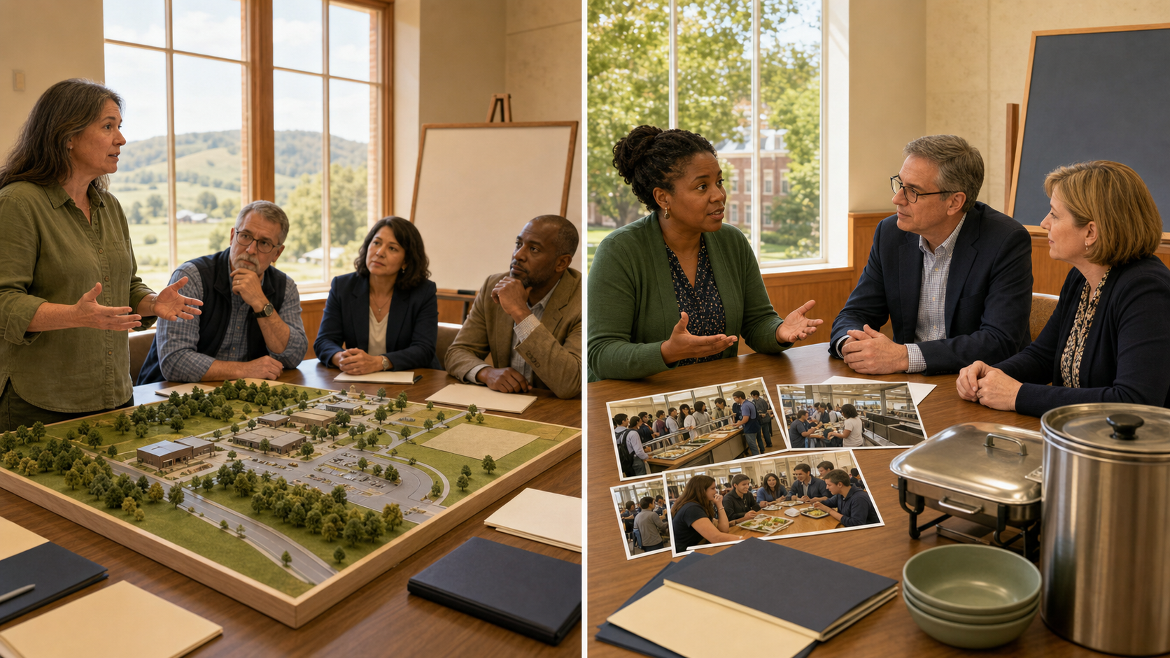 A split illustration shows a county meeting examining a model of rural land and a university meeting reviewing materials from a campus meal service.