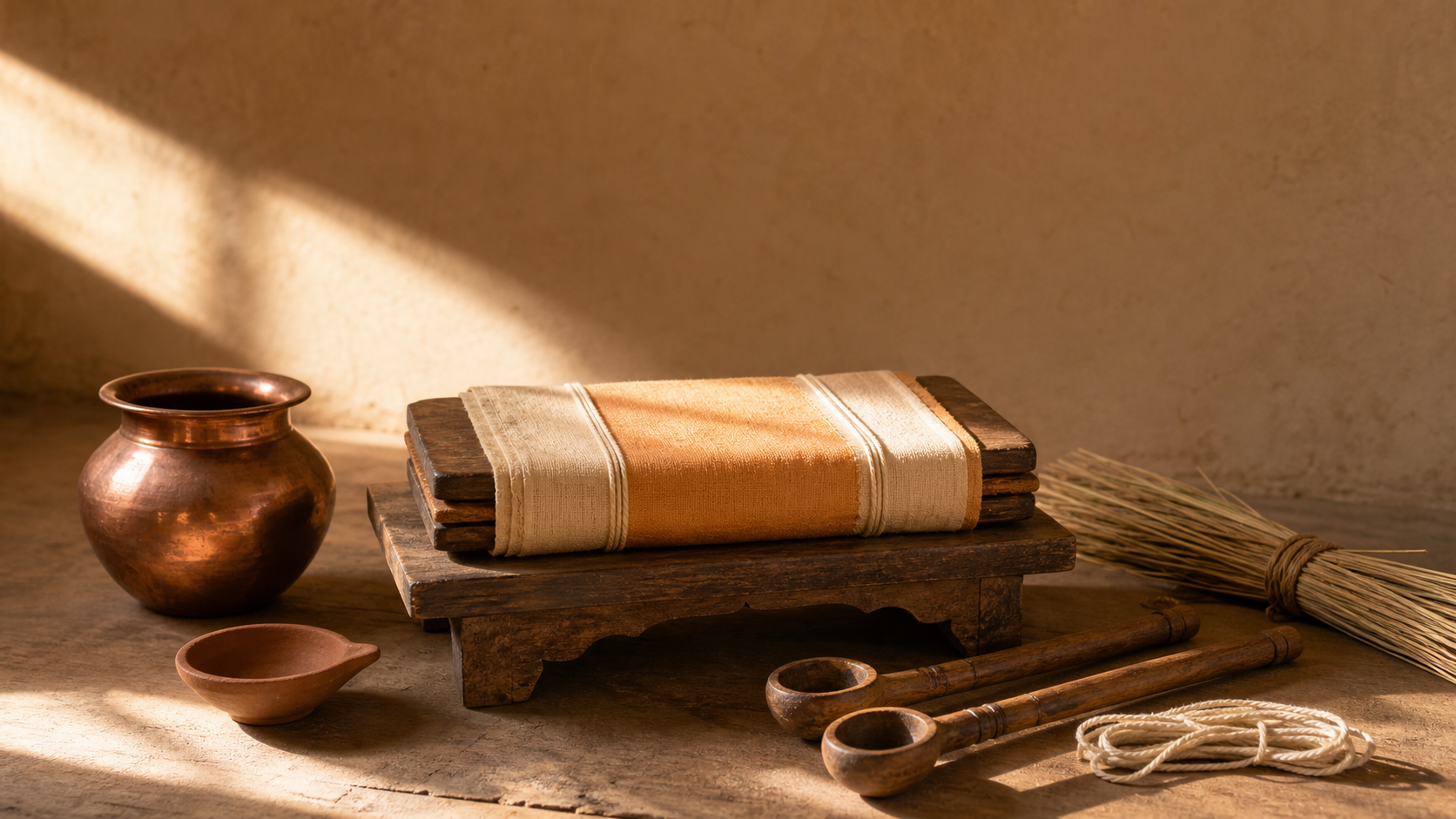 A cloth-wrapped manuscript bundle on a wooden stand beside copper vessels, ritual ladles, kusa grass, and a clay lamp in midday light.