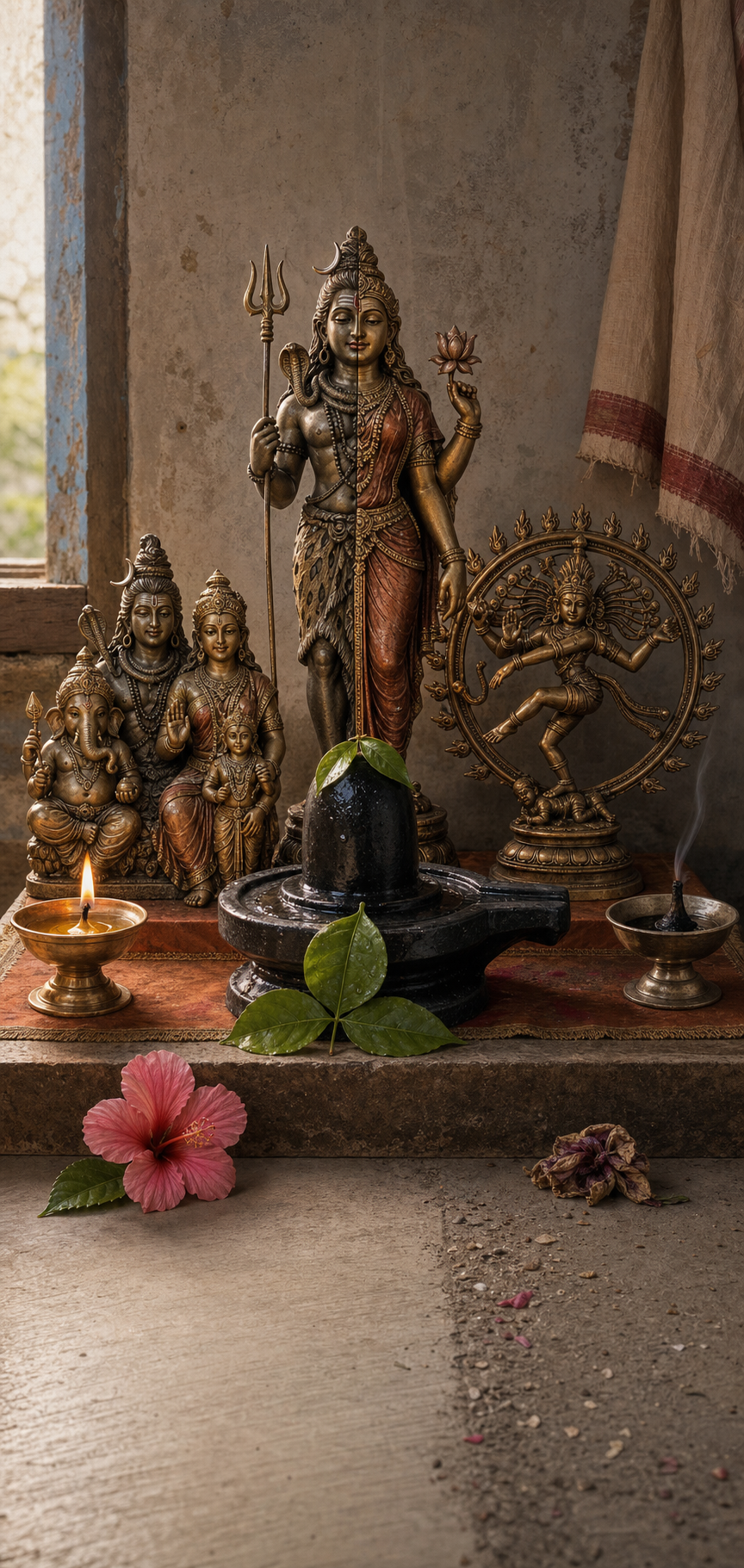A home shrine holds sculptures of Ardhanarishvara, Nataraja, a Shiva linga, and the Shiva-Parvati family among lamps, flowers, leaves, and offering bowls.