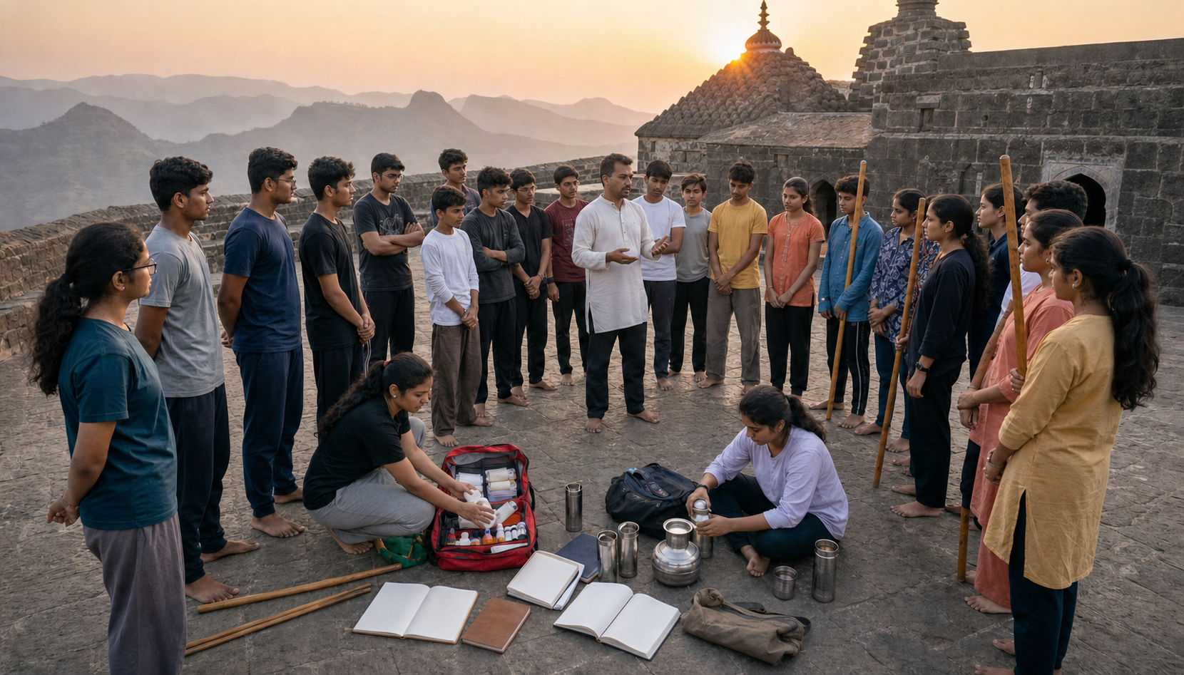 Young participants gather with an instructor, first-aid supplies, water vessels, notebooks and practice staffs in a hill-fort courtyard at sunrise.