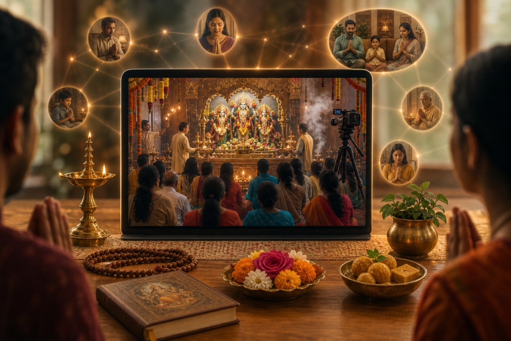 Family praying at a home altar while watching a Hindu temple live stream on a tablet