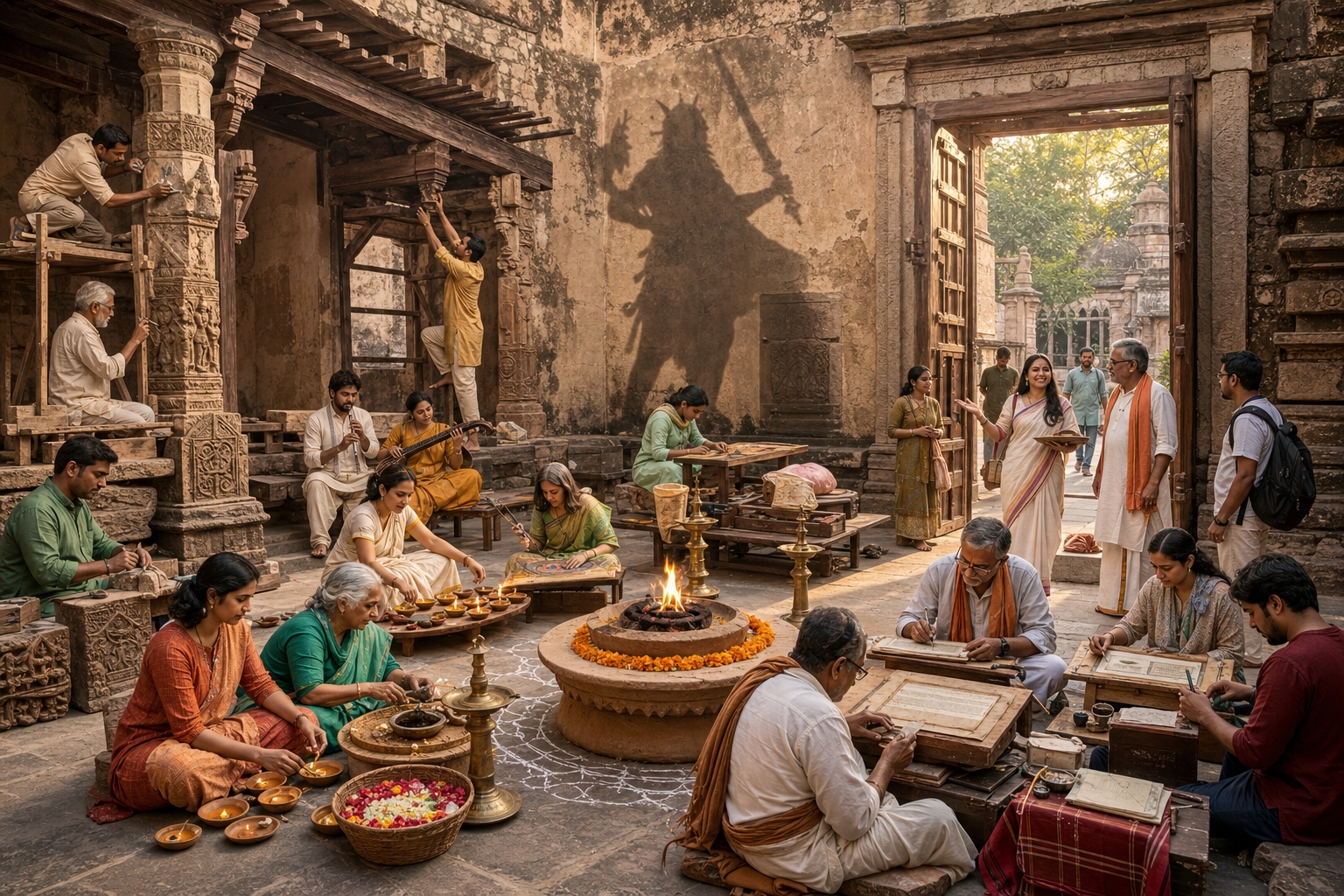 People of different generations repair a sacred courtyard, preserve manuscripts, teach music, and gather around a ceremonial flame.