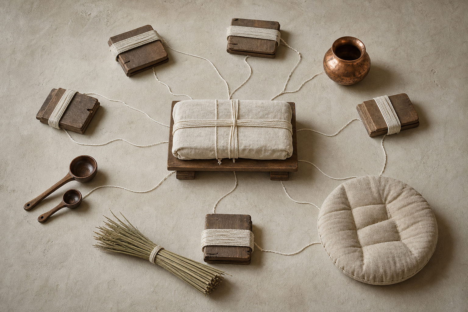 A central wrapped manuscript bundle surrounded by smaller folio bundles, ritual utensils, kusa grass, cords, and a meditation seat.