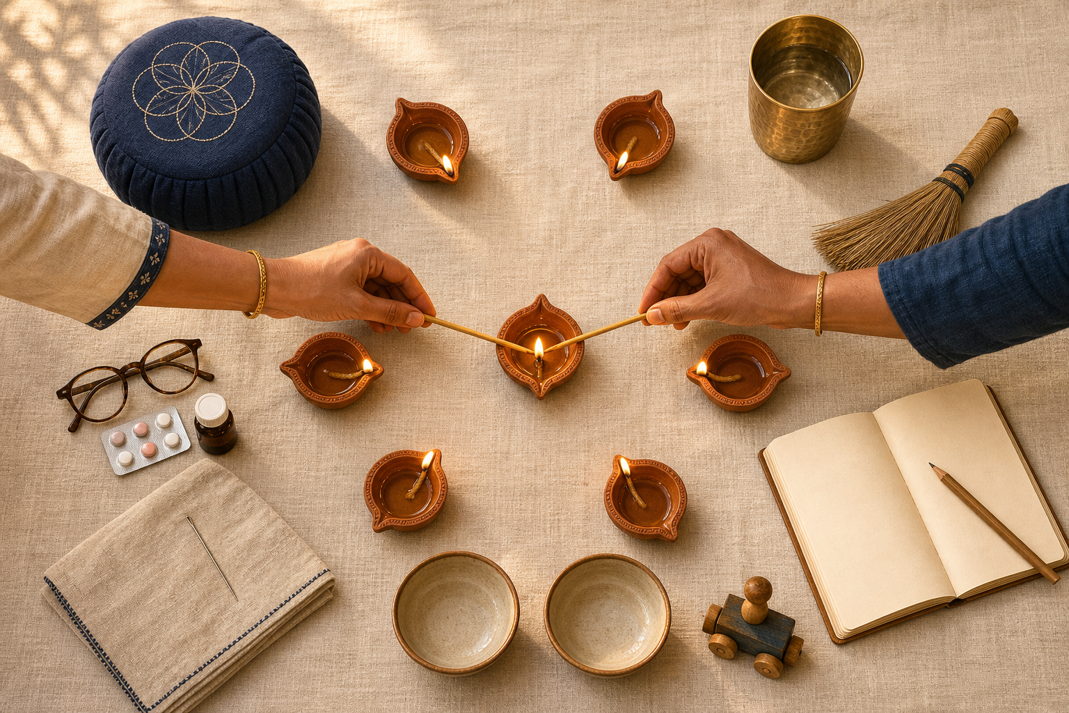 Two people light a central lamp amid seven clay lamps and household objects including meal bowls, a broom, folded cloth, a toy, medicine, spectacles, and a blank notebook.