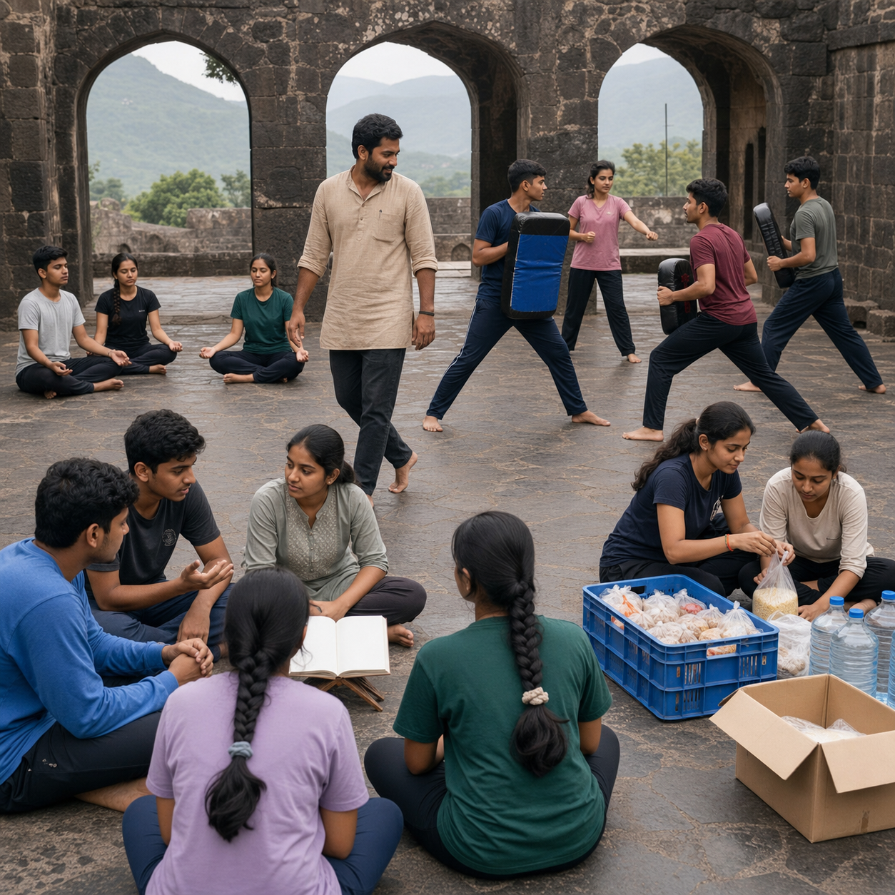 Four groups of young people study, reflect, practise defensive movements and prepare community supplies in the same stone courtyard.