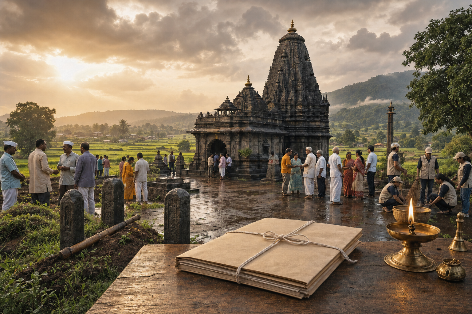 A historic stone temple surrounded by farmland, with trustees, farmers, devotees, and volunteers nearby and a closed legislative file beside a lit brass lamp in the foreground.
