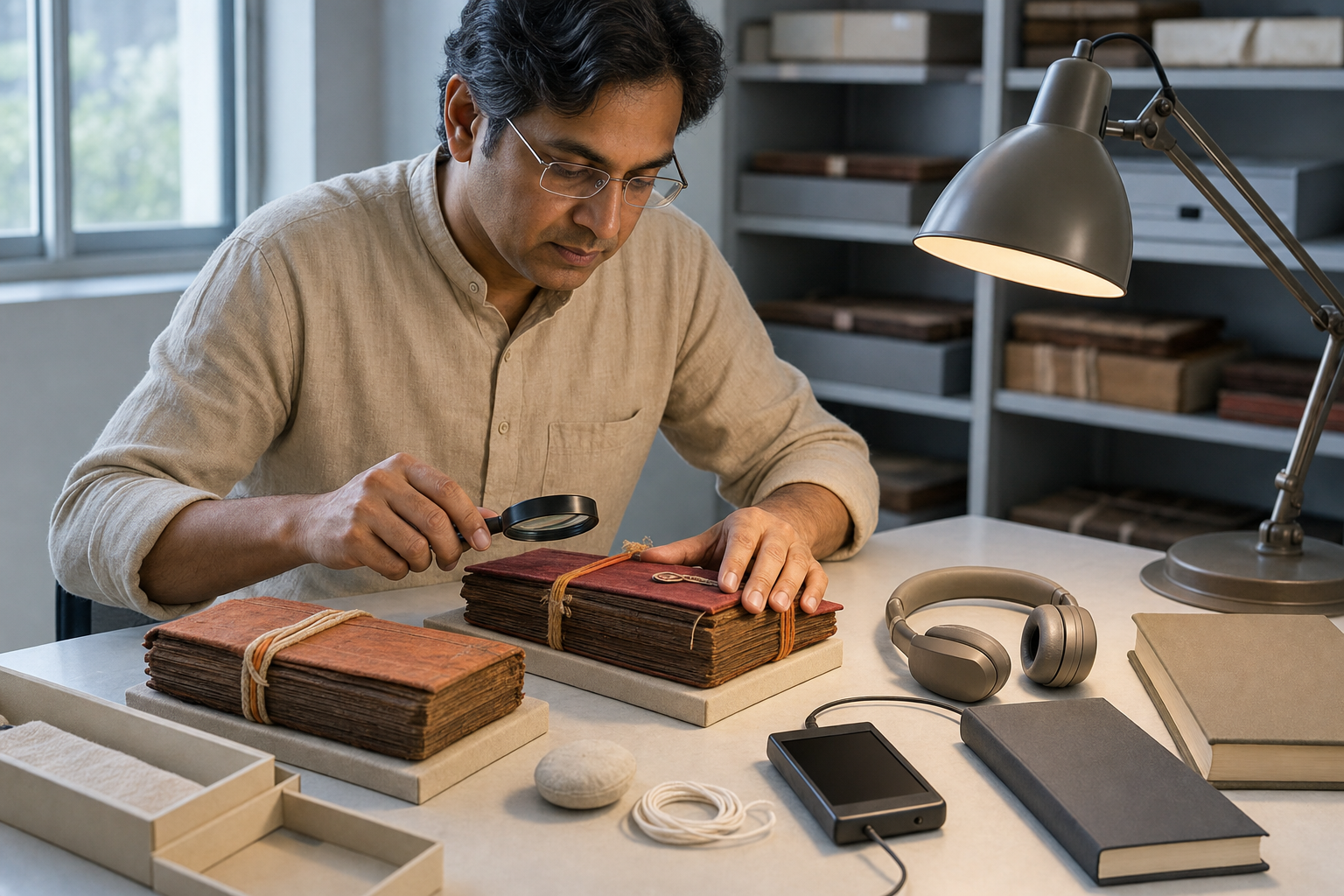 A scholar examines two closed manuscript bundles at an archive table beside headphones, an audio player, a magnifying lens, and closed books.