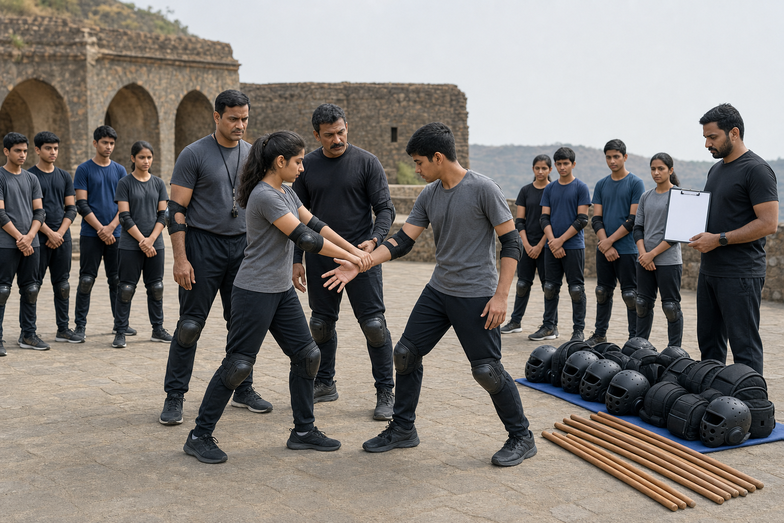 Two padded trainees practise escaping a wrist hold while instructors supervise and other participants watch from a safe distance.