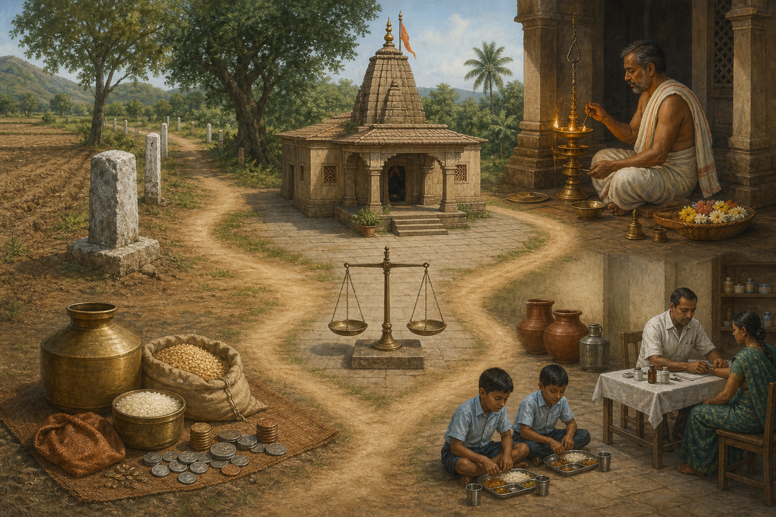 A temple courtyard connected to four scenes showing land boundaries, income, worship, and community services, with a pair of scales at the center.
