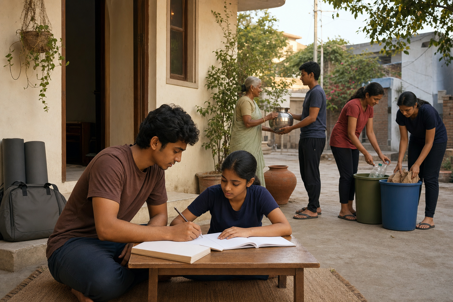 A young participant helps a child study while neighbors distribute water and sort recyclable materials in a residential courtyard.
