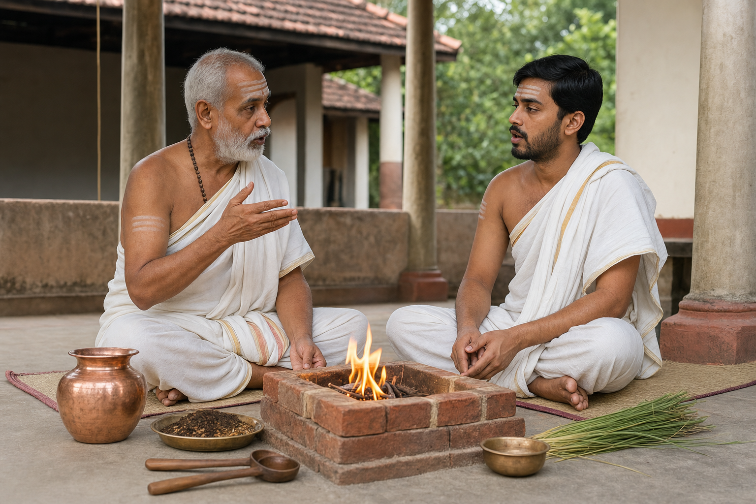 A teacher and adult student sit in recitation beside a small brick fire altar with wooden ladles, a copper vessel, and kusa grass.