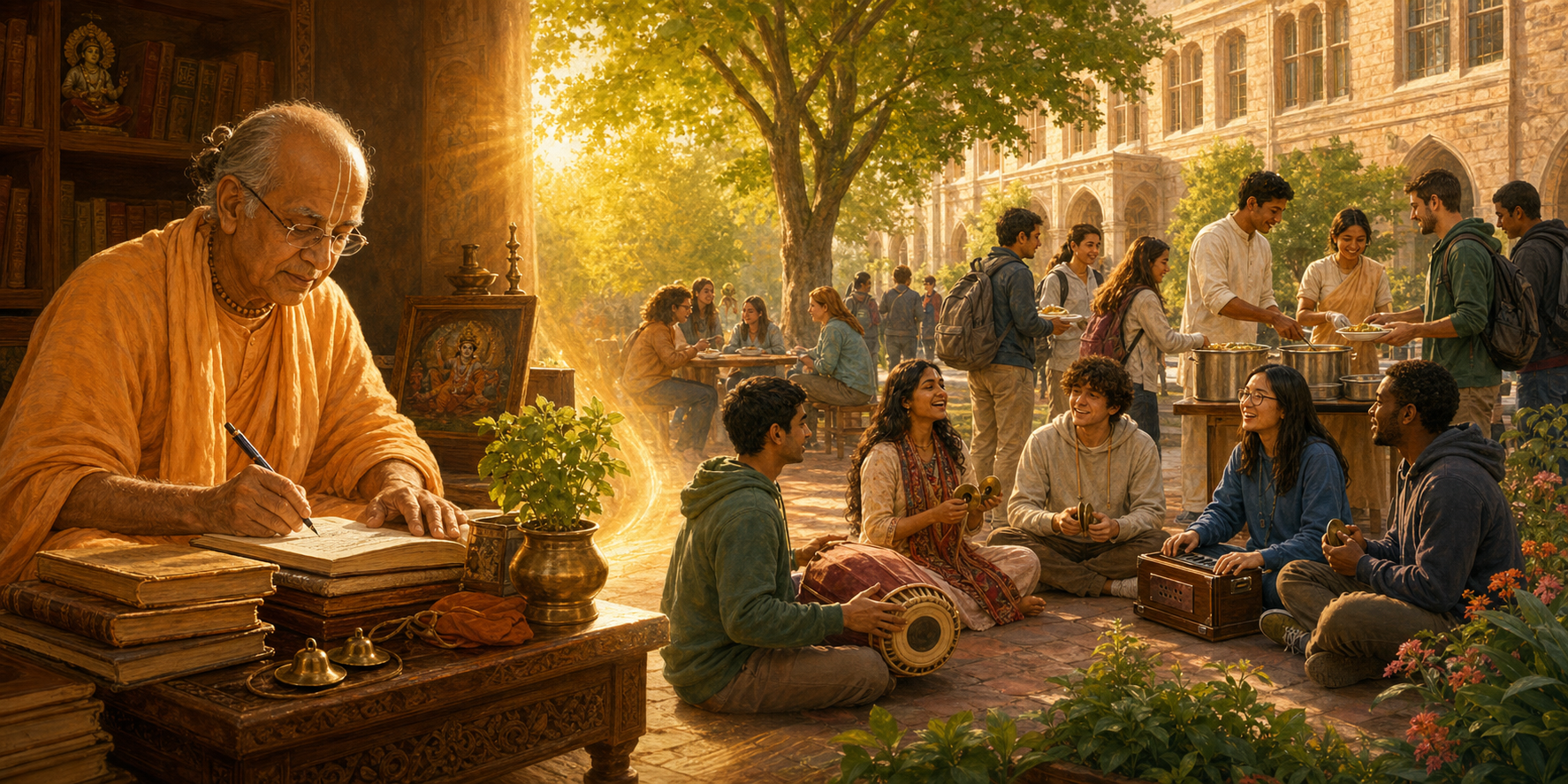 An elderly Vaishnava teacher writes beside sacred books while a connected university courtyard scene shows students sharing vegetarian meals, music, and conversation.