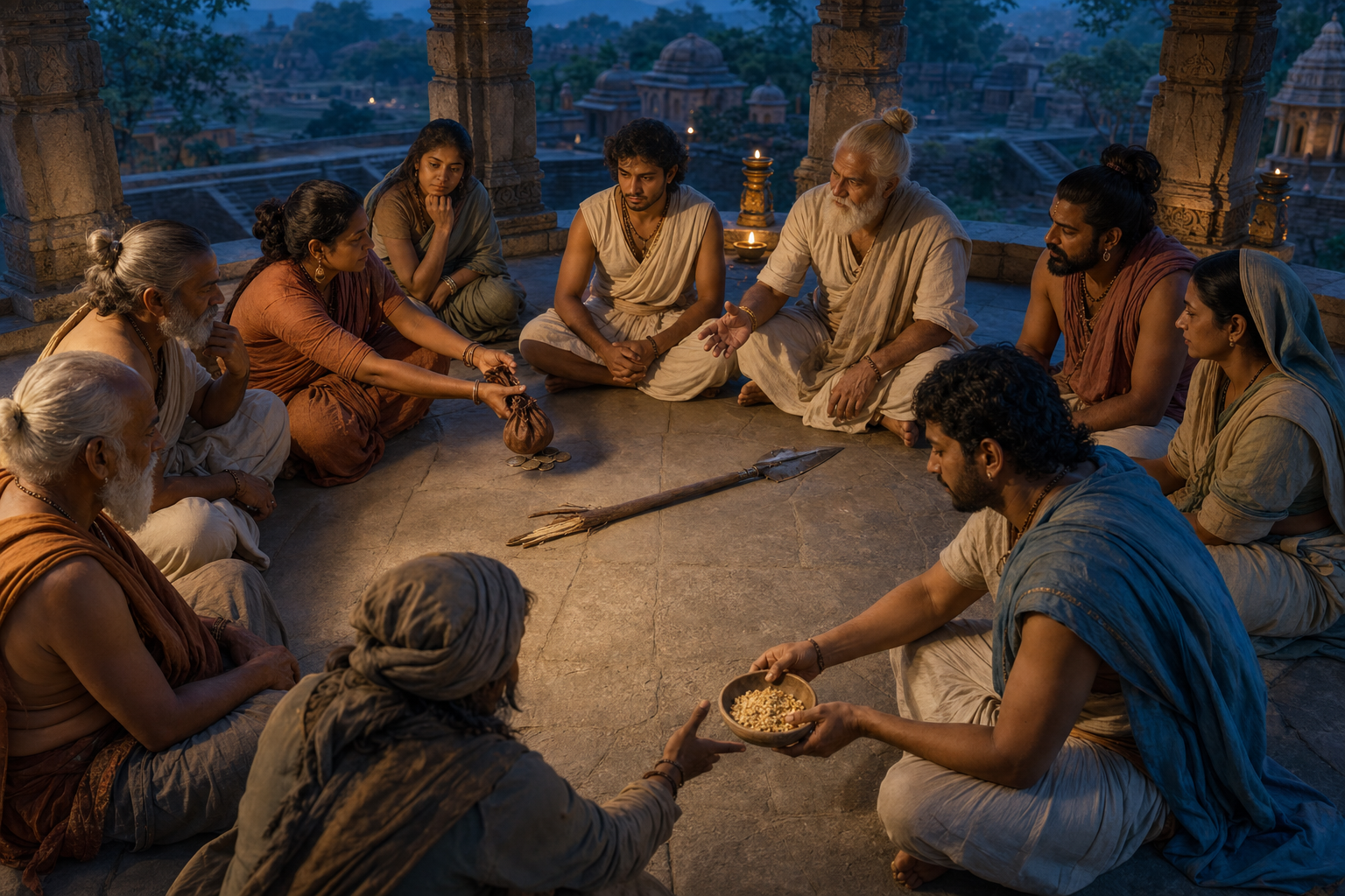 A council examines a returned coin pouch, a broken spear, and a shared bowl of grain while discussing a person's conduct.