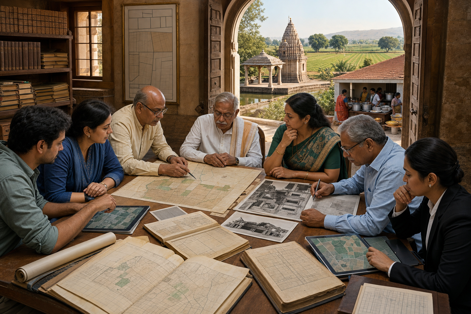 Trustees and specialists examine maps, registers, photographs, and digital land records in a temple records room overlooking farmland and community facilities.