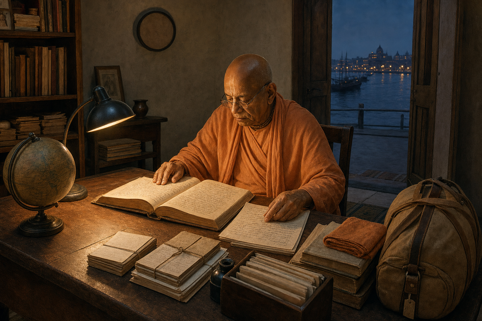 An elderly Indian spiritual teacher studies and writes at a simple desk surrounded by books, correspondence, a globe, and a travel bag.