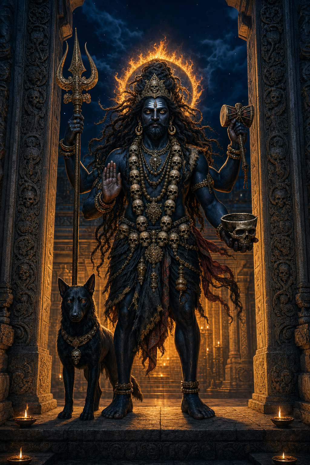 Kapala Bhairava stands at a lamplit stone temple threshold with a skull bowl, trident, ritual drum, protective raised hand, flame halo and a black dog beside him.