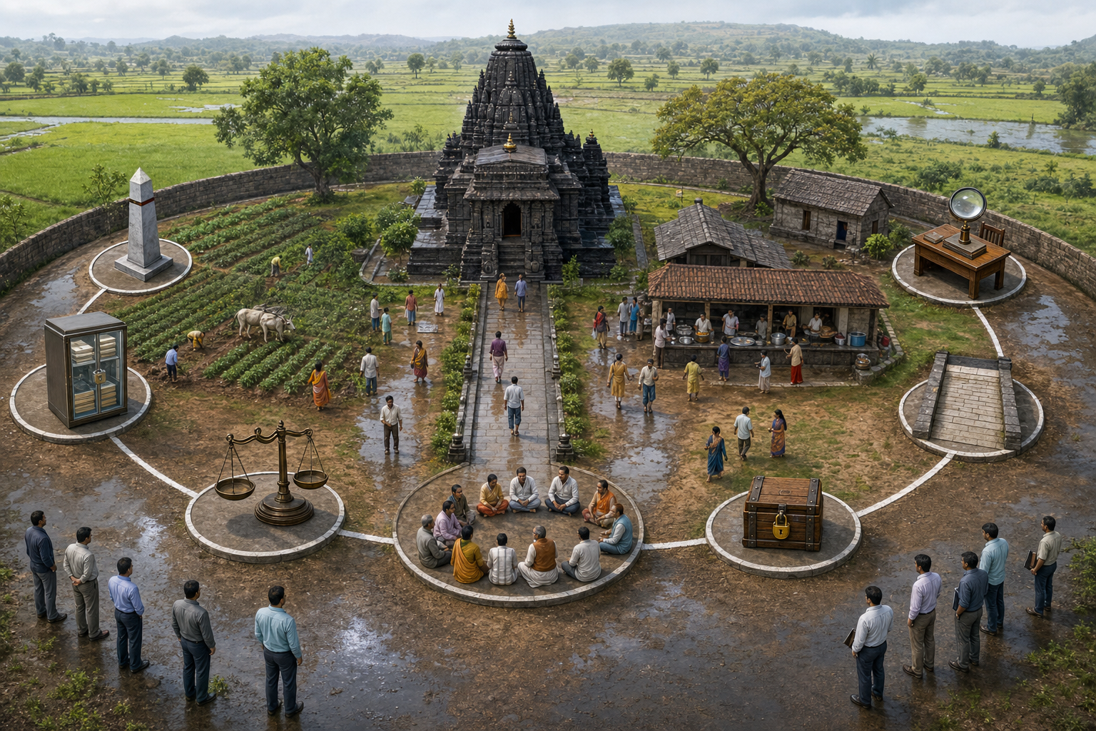A temple and farmland encircled by seven safeguards represented by a survey marker, records cabinet, scales, hearing circle, donation chest, worship path, and review desk.