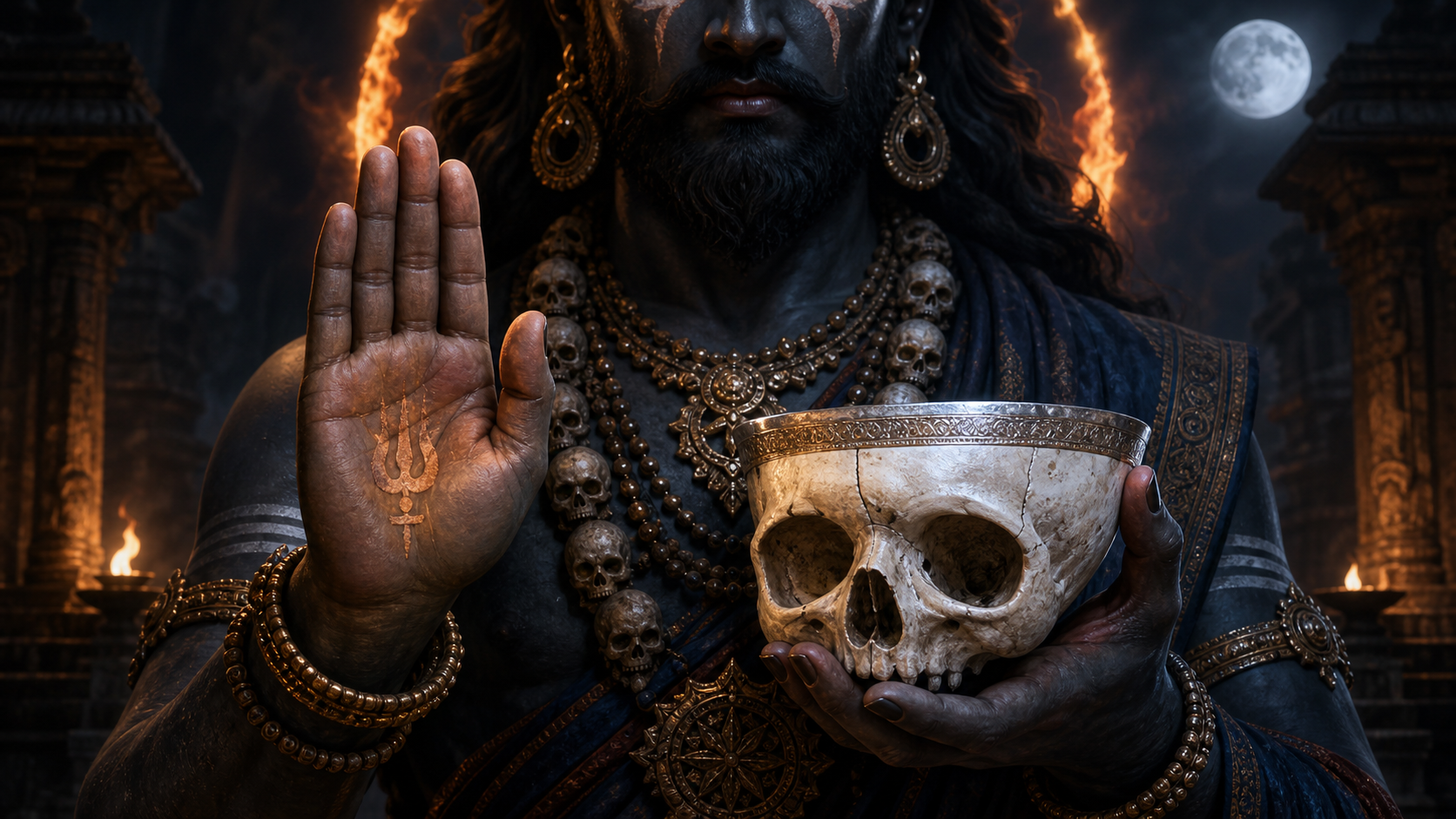 A close view of Kapala Bhairava shows one hand raised in protection and another holding a ritual skull bowl under contrasting warm and cool light.