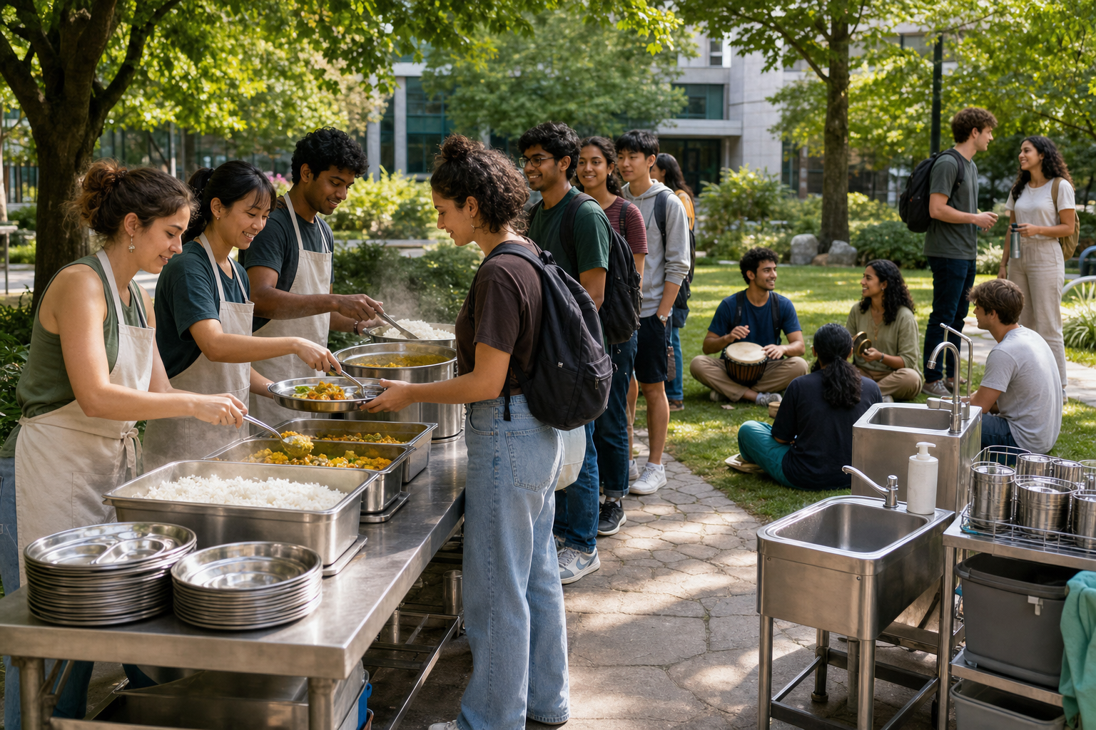Volunteers serve vegetarian food to a diverse line of university students while a nearby group gathers with devotional instruments on the grass.