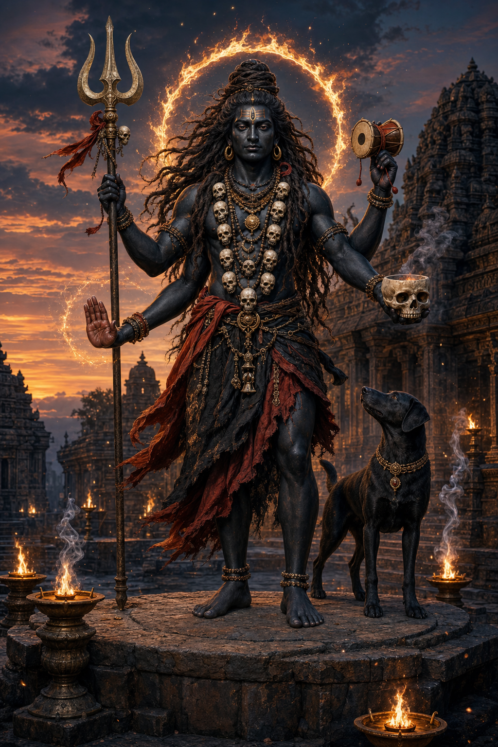 Four-armed Kapala Bhairava stands with a trident, ritual drum, skull bowl and protective hand while a black dog watches beside the stone platform.