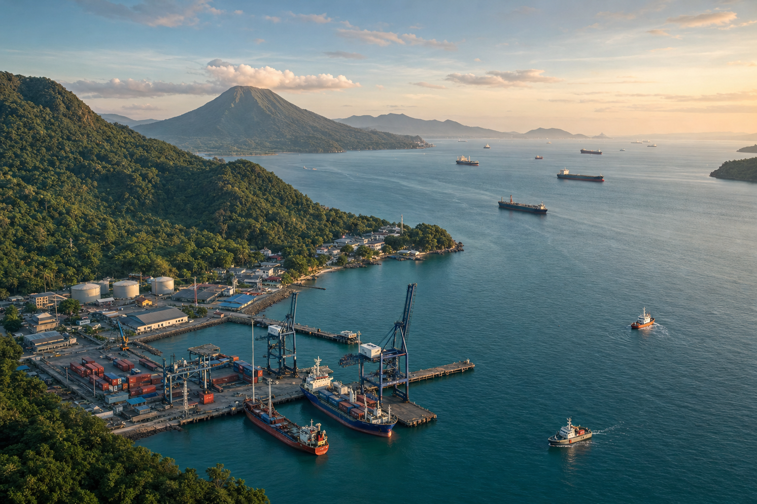 Aerial illustration of Sabang Port beside an open shipping lane, with cargo ships and separate Indian and Indonesian vessels near the island.